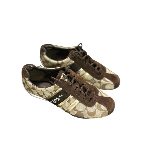 Coach A5021 Remonna Khaki and Brown Signature Jacquard & Suede Sneakers - Picture 1 of 6